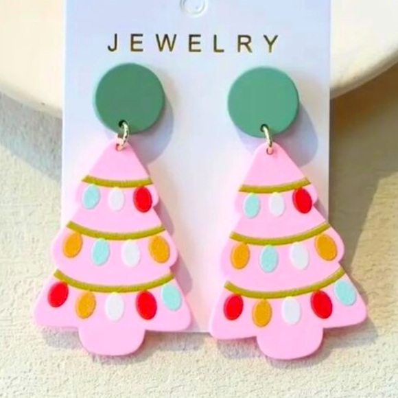 Pink Christmas Tree Earrings - Picture 1 of 4